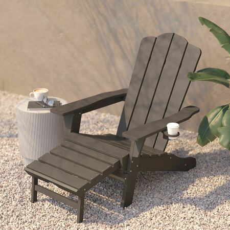 Flash Furniture Newport Adirondack Chair w/Cup Holder and Pull Out Ottoman, All-Weather HDPE, Brown, 2PK 2-LE-HMP-1044-110-BR-GG